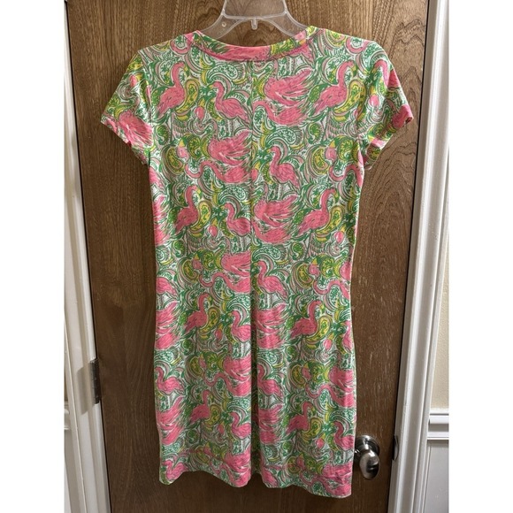 Lilly Pulitzer Britton Hot Wings Pink Green T-shirt Flamingo Dress S Pima Cotton - Picture 2 of 13